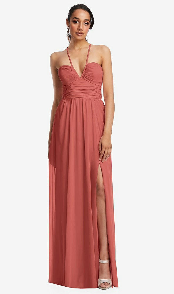 Front View - Coral Pink Plunging V-Neck Criss Cross Strap Back Maxi Dress