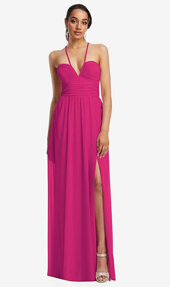 Front View - Think Pink Plunging V-Neck Criss Cross Strap Back Maxi Dress