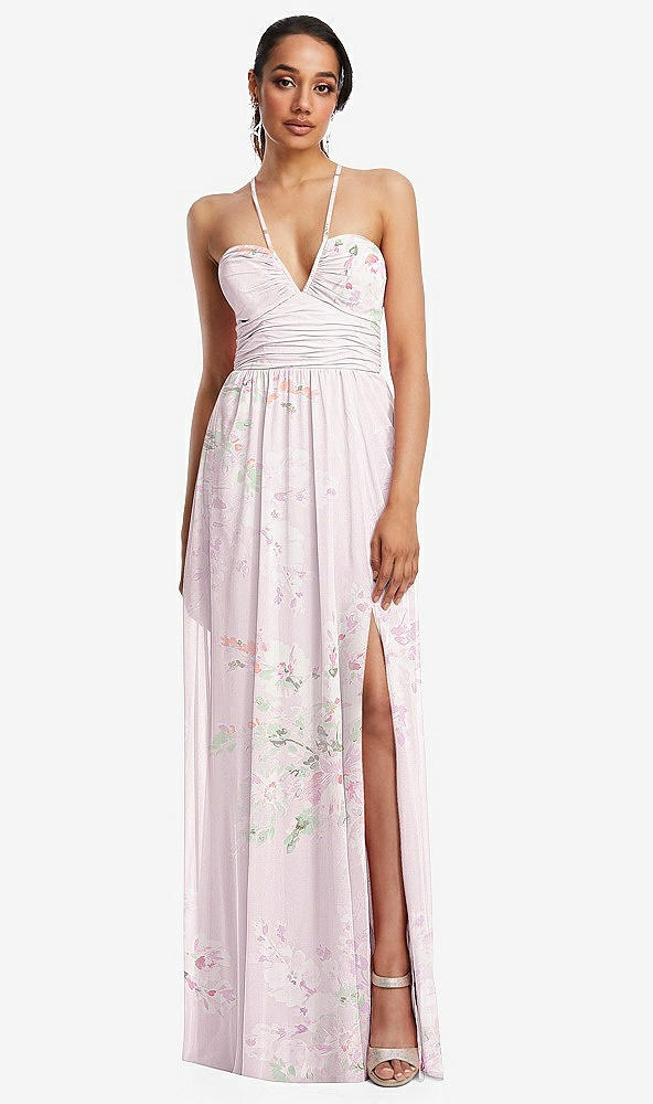 Front View - Watercolor Print Plunging V-Neck Criss Cross Strap Back Maxi Dress
