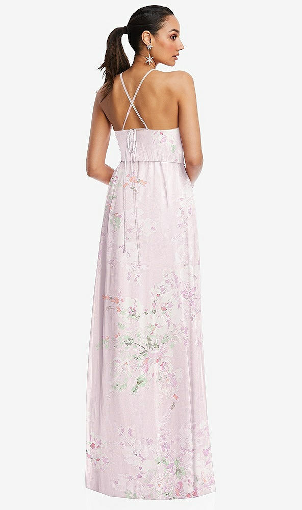 Back View - Watercolor Print Plunging V-Neck Criss Cross Strap Back Maxi Dress