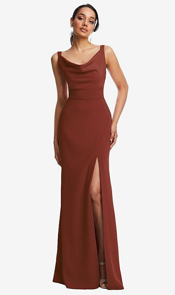 Front View - Auburn Moon Cowl-Neck Wide Strap Crepe Trumpet Gown with Front Slit