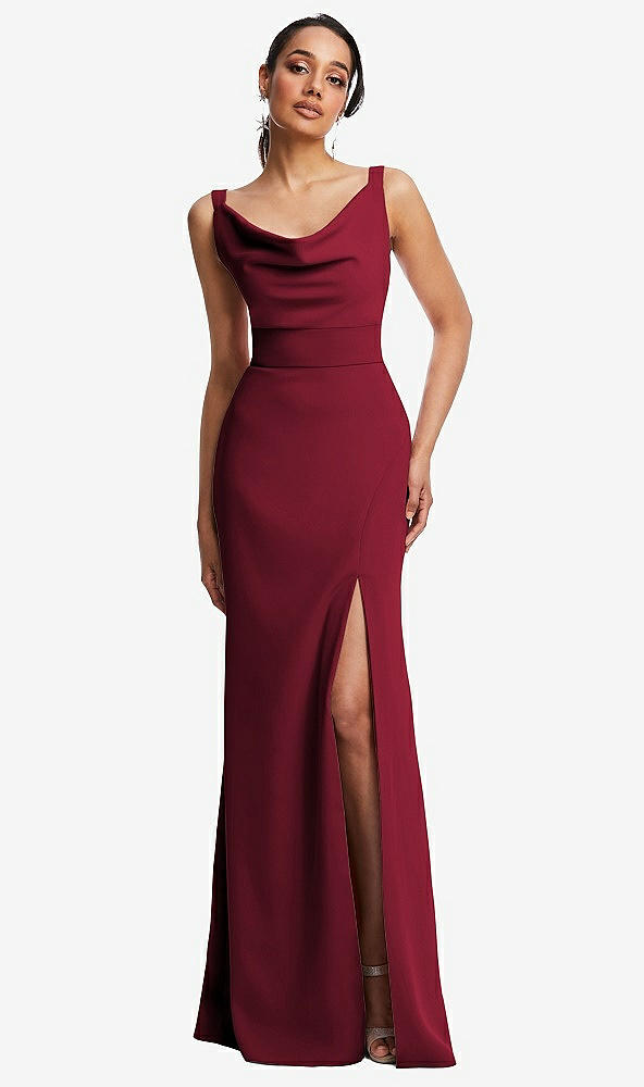 Front View - Burgundy Cowl-Neck Wide Strap Crepe Trumpet Gown with Front Slit
