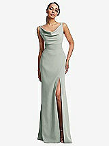 Front View Thumbnail - Willow Green Cowl-Neck Wide Strap Crepe Trumpet Gown with Front Slit