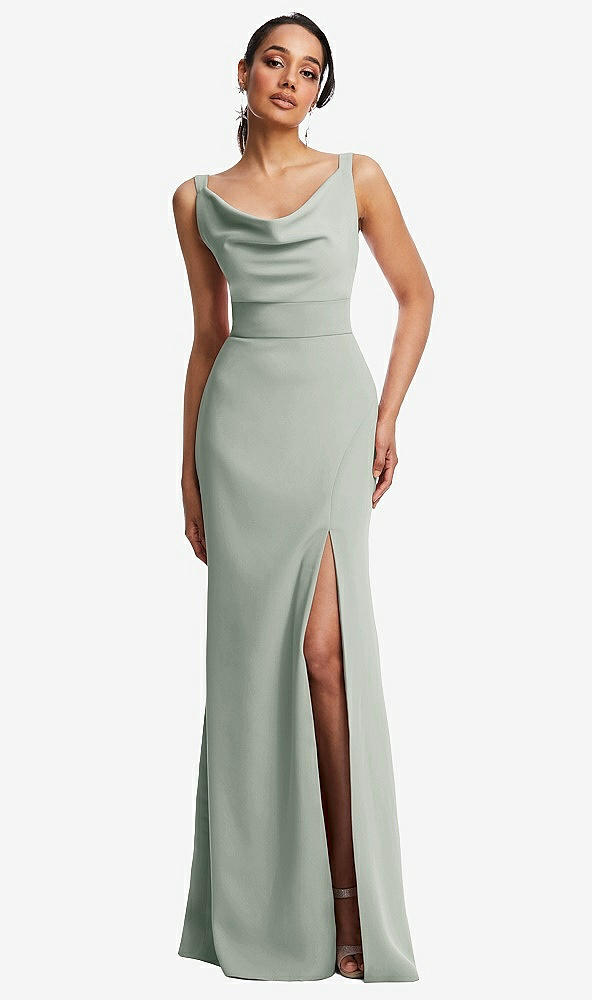 Front View - Willow Green Cowl-Neck Wide Strap Crepe Trumpet Gown with Front Slit