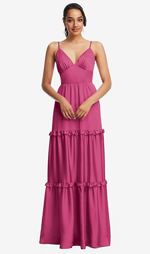 Front View - Tea Rose Low-Back Triangle Maxi Dress with Ruffle-Trimmed Tiered Skirt