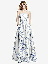 Front View Thumbnail - Cottage Rose Larkspur Strapless Bias Cuff Bodice Floral Satin Gown with Pockets