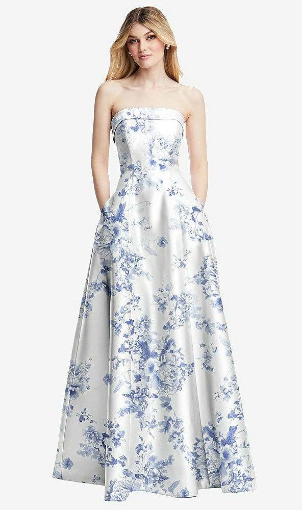 Front View - Cottage Rose Larkspur Strapless Bias Cuff Bodice Floral Satin Gown with Pockets