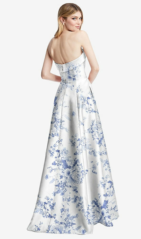 Back View - Cottage Rose Larkspur Strapless Bias Cuff Bodice Floral Satin Gown with Pockets