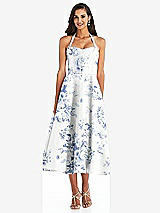 Front View Thumbnail - Cottage Rose Larkspur Tie-Neck Halter Full Skirt Floral Satin Midi Dress