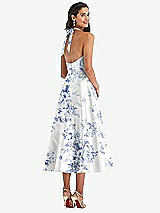 Rear View Thumbnail - Cottage Rose Larkspur Tie-Neck Halter Full Skirt Floral Satin Midi Dress