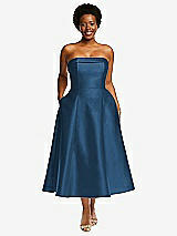 Front View Thumbnail - Dusk Blue Cuffed Strapless Satin Twill Midi Dress with Full Skirt and Pockets