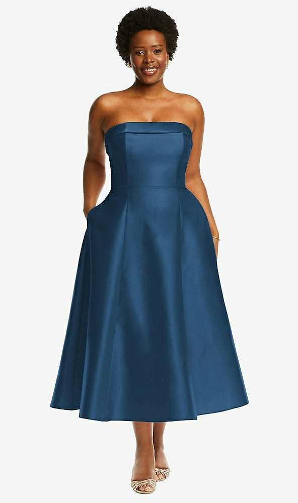 Front View - Dusk Blue Cuffed Strapless Satin Twill Midi Dress with Full Skirt and Pockets