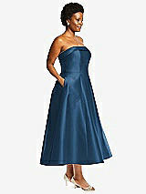 Side View Thumbnail - Dusk Blue Cuffed Strapless Satin Twill Midi Dress with Full Skirt and Pockets