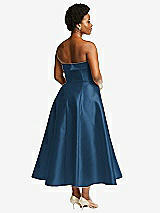 Rear View Thumbnail - Dusk Blue Cuffed Strapless Satin Twill Midi Dress with Full Skirt and Pockets