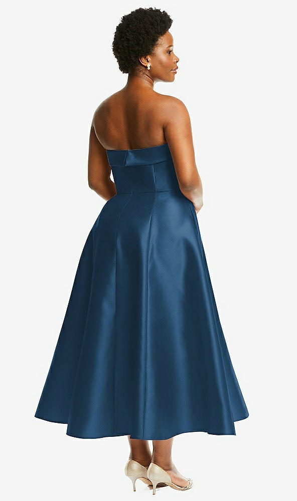 Back View - Dusk Blue Cuffed Strapless Satin Twill Midi Dress with Full Skirt and Pockets