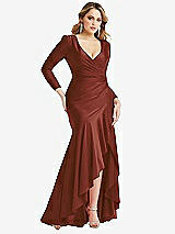 Front View Thumbnail - Auburn Moon Long Sleeve Pleated Wrap Ruffled High Low Stretch Satin Gown