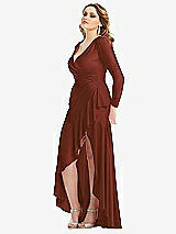 Side View Thumbnail - Auburn Moon Long Sleeve Pleated Wrap Ruffled High Low Stretch Satin Gown