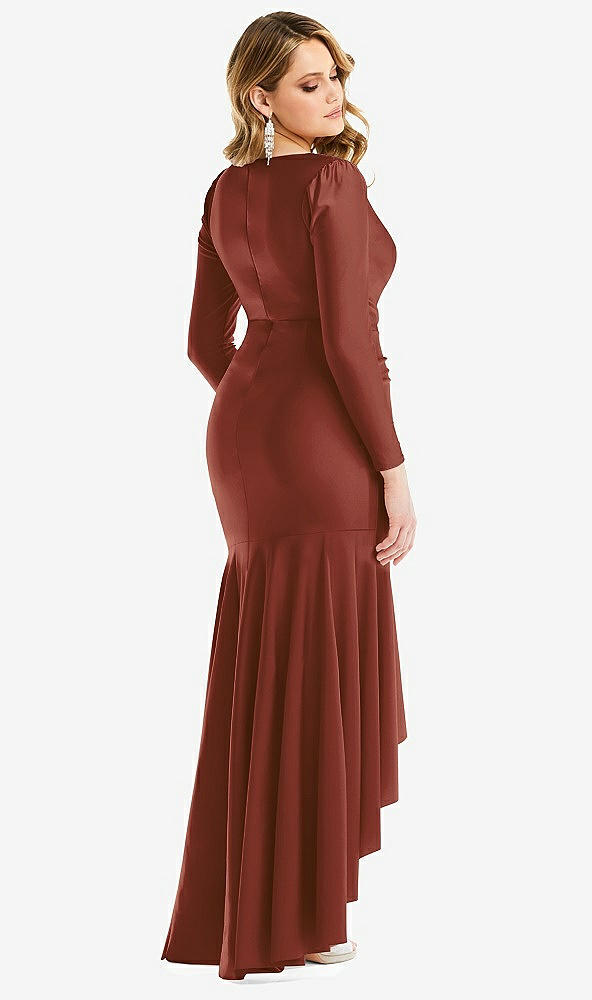 Back View - Auburn Moon Long Sleeve Pleated Wrap Ruffled High Low Stretch Satin Gown