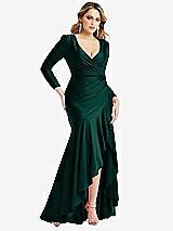 Front View Thumbnail - Evergreen Long Sleeve Pleated Wrap Ruffled High Low Stretch Satin Gown