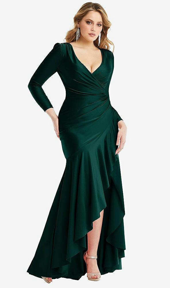 Front View - Evergreen Long Sleeve Pleated Wrap Ruffled High Low Stretch Satin Gown