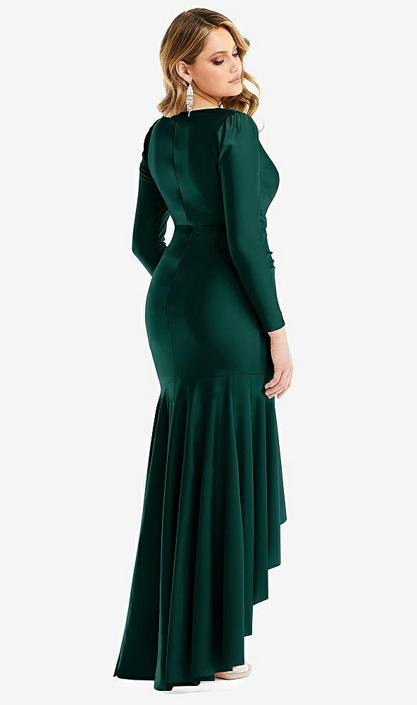 Back View - Evergreen Long Sleeve Pleated Wrap Ruffled High Low Stretch Satin Gown