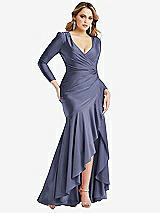 Front View Thumbnail - French Blue Long Sleeve Pleated Wrap Ruffled High Low Stretch Satin Gown