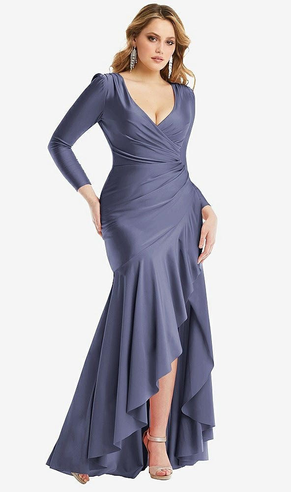 Front View - French Blue Long Sleeve Pleated Wrap Ruffled High Low Stretch Satin Gown