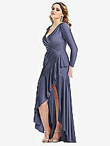 Side View Thumbnail - French Blue Long Sleeve Pleated Wrap Ruffled High Low Stretch Satin Gown