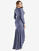 Rear View Thumbnail - French Blue Long Sleeve Pleated Wrap Ruffled High Low Stretch Satin Gown
