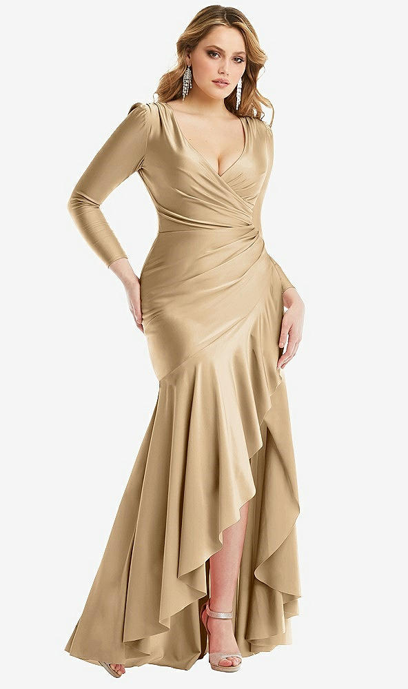 Front View - Soft Gold Long Sleeve Pleated Wrap Ruffled High Low Stretch Satin Gown