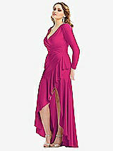 Side View Thumbnail - Think Pink Long Sleeve Pleated Wrap Ruffled High Low Stretch Satin Gown