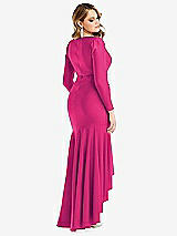 Rear View Thumbnail - Think Pink Long Sleeve Pleated Wrap Ruffled High Low Stretch Satin Gown