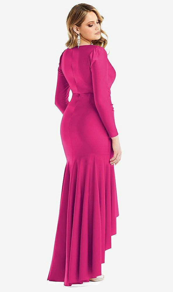 Back View - Think Pink Long Sleeve Pleated Wrap Ruffled High Low Stretch Satin Gown