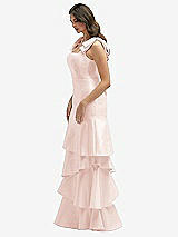 Front View Thumbnail - Blush Bow-Shoulder Satin Maxi Dress with Asymmetrical Tiered Skirt