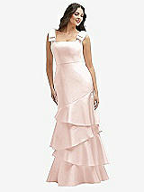 Side View Thumbnail - Blush Bow-Shoulder Satin Maxi Dress with Asymmetrical Tiered Skirt