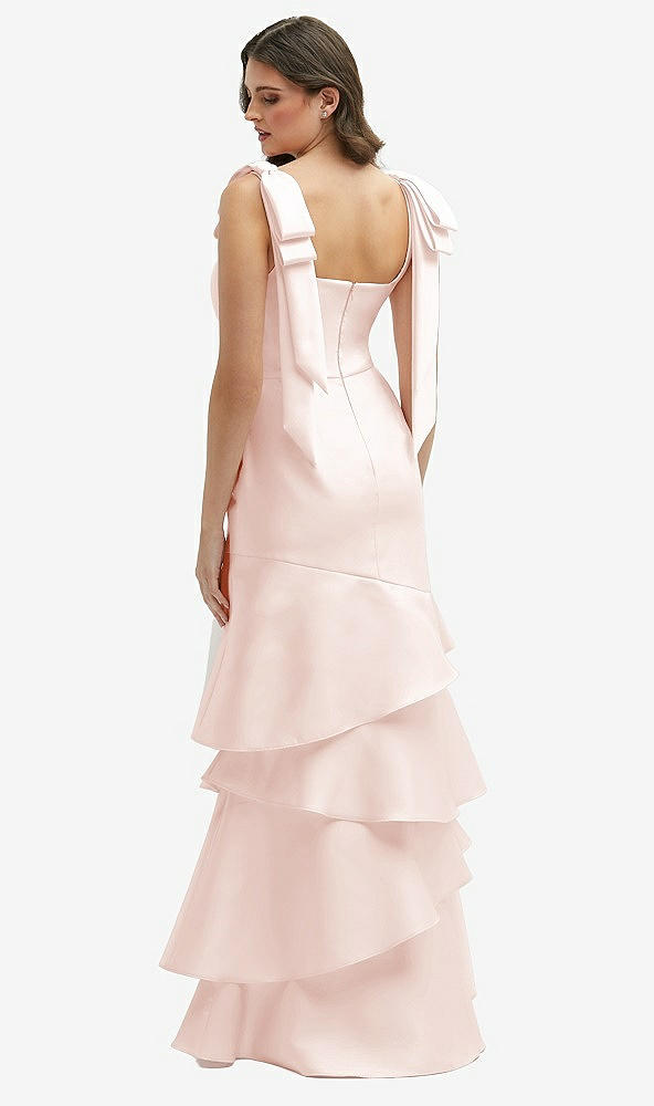Back View - Blush Bow-Shoulder Satin Maxi Dress with Asymmetrical Tiered Skirt
