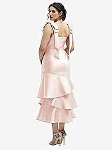 Front View Thumbnail - Blush Bow-Shoulder Satin Midi Dress with Asymmetrical Tiered Skirt