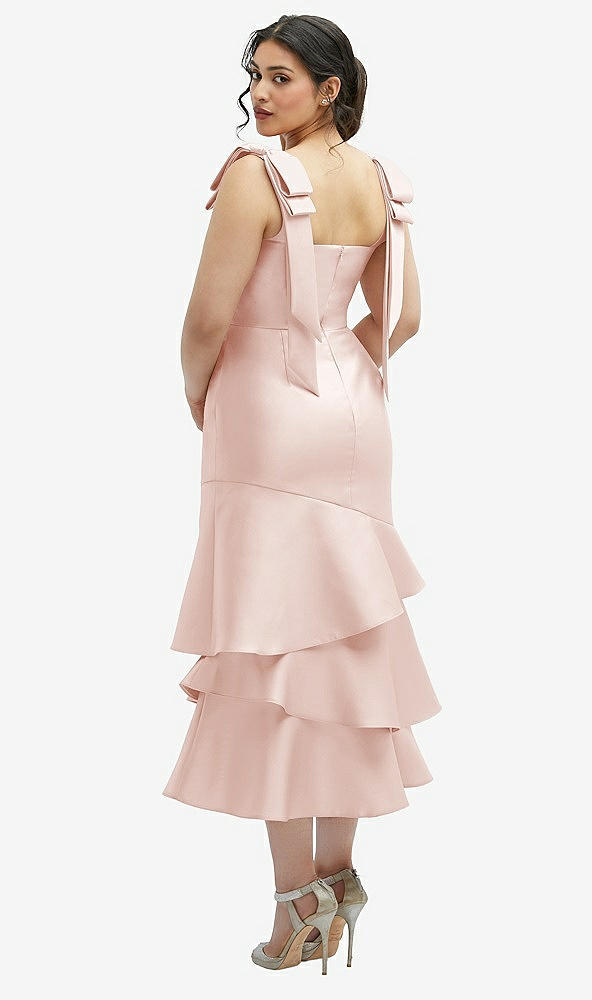 Front View - Blush Bow-Shoulder Satin Midi Dress with Asymmetrical Tiered Skirt