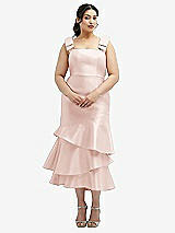 Rear View Thumbnail - Blush Bow-Shoulder Satin Midi Dress with Asymmetrical Tiered Skirt