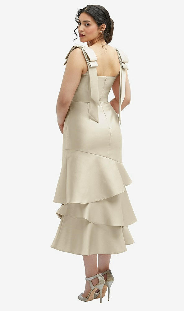Front View - Champagne Bow-Shoulder Satin Midi Dress with Asymmetrical Tiered Skirt