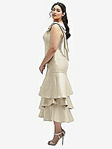 Side View Thumbnail - Champagne Bow-Shoulder Satin Midi Dress with Asymmetrical Tiered Skirt
