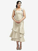Rear View Thumbnail - Champagne Bow-Shoulder Satin Midi Dress with Asymmetrical Tiered Skirt