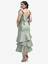 Front View Thumbnail - Willow Green Bow-Shoulder Satin Midi Dress with Asymmetrical Tiered Skirt
