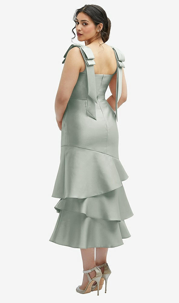 Front View - Willow Green Bow-Shoulder Satin Midi Dress with Asymmetrical Tiered Skirt