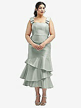 Rear View Thumbnail - Willow Green Bow-Shoulder Satin Midi Dress with Asymmetrical Tiered Skirt