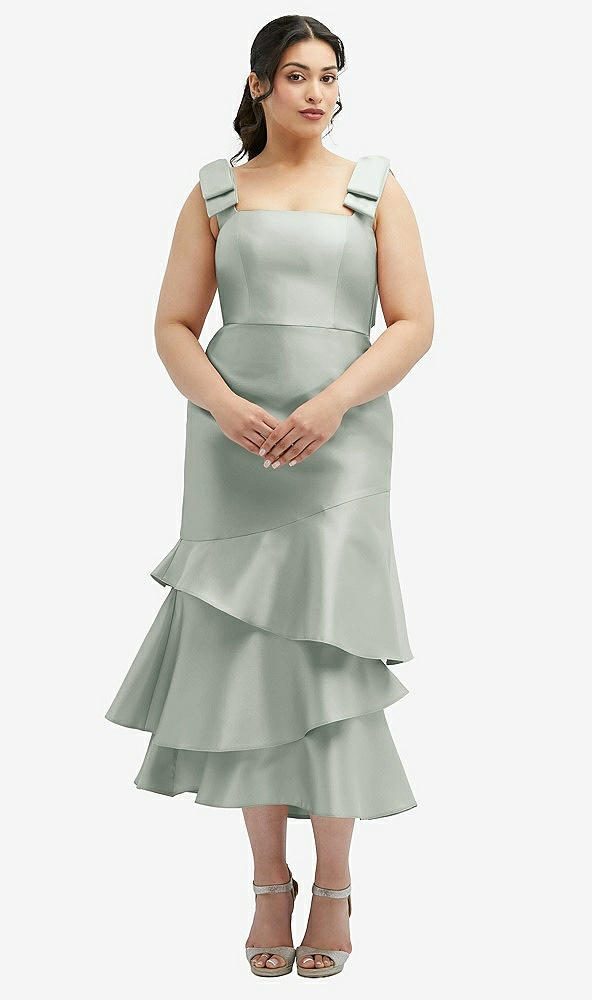 Back View - Willow Green Bow-Shoulder Satin Midi Dress with Asymmetrical Tiered Skirt
