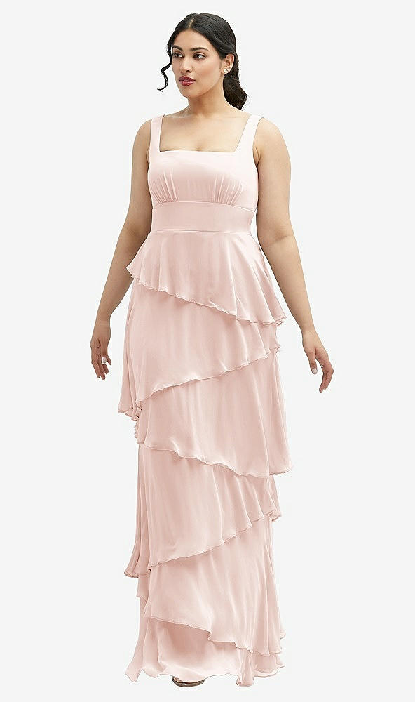 Front View - Blush Asymmetrical Tiered Ruffle Chiffon Maxi Dress with Square Neckline