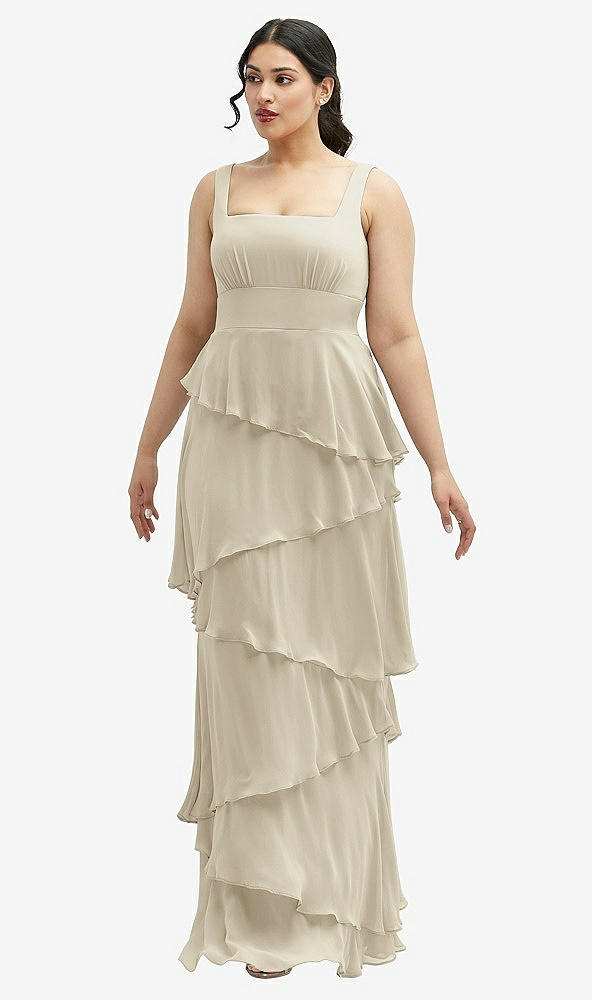 Front View - Champagne Asymmetrical Tiered Ruffle Chiffon Maxi Dress with Square Neckline