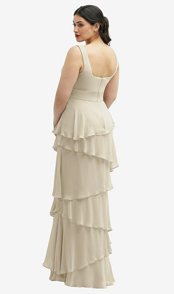 Back View - Champagne Asymmetrical Tiered Ruffle Chiffon Maxi Dress with Square Neckline