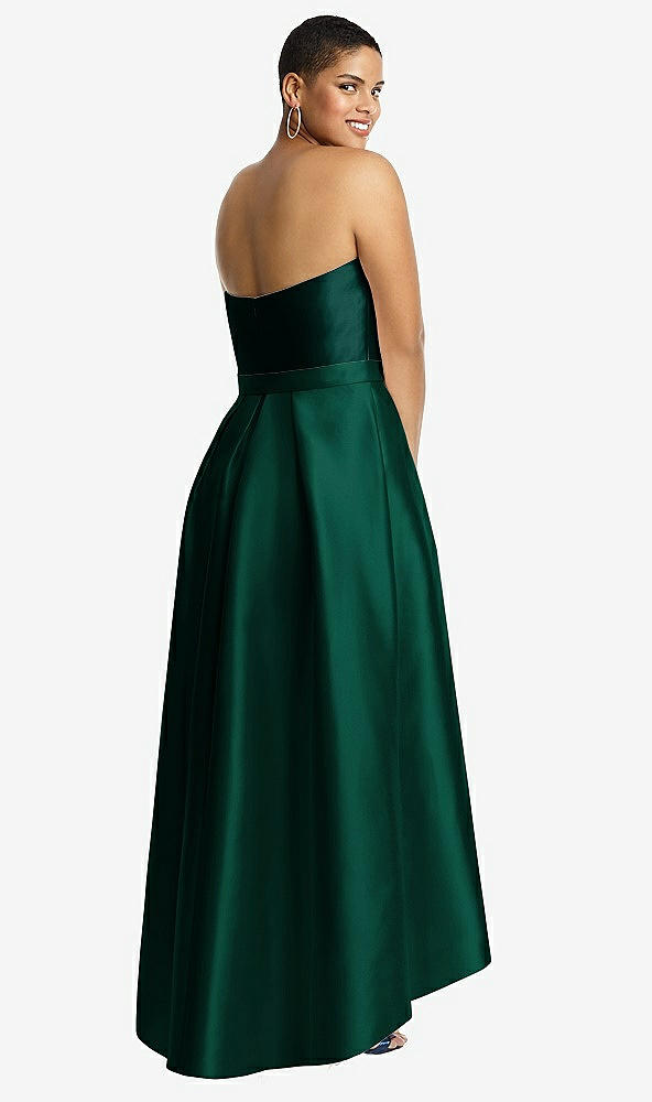 Back View - Hunter Green & Evergreen Strapless Satin High Low Dress with Pockets